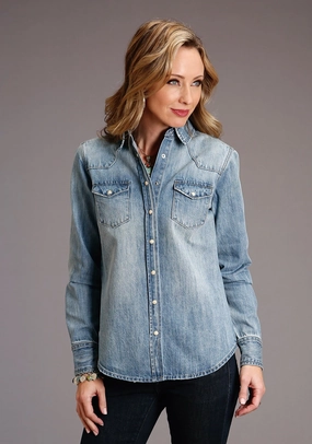 Multipurpose Layering Fabric Sports Ready Stetson Womens Boyfriend Fit Stud Blue 100% Cotton L/S Shirt