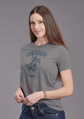 Stetson Womens Bronc Rider Grey Cotton Blend S/S T-Shirt Functional Design tall size