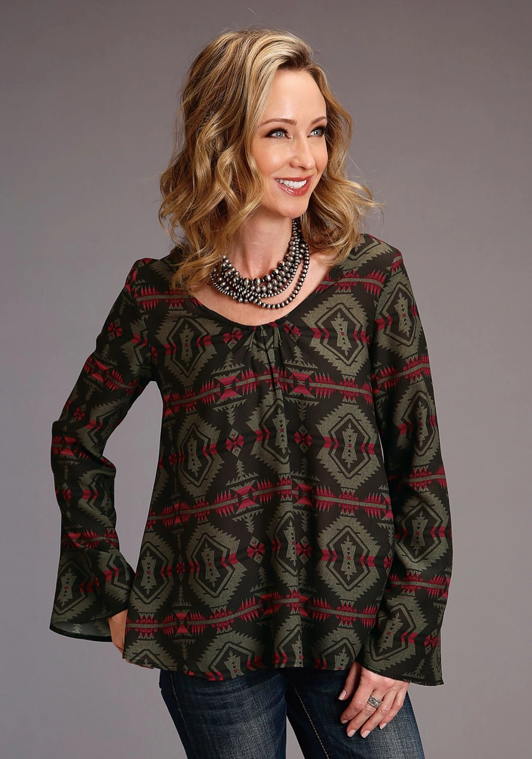elegant design Low carbon footprint Stetson Womens Brown Rayon/Nylon Challis Blanket L/S Pullover Blouse