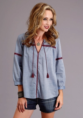 Relaxed Comfort slim cut Stetson Womens Chambray 100% Cotton Peasant S/S Blouse
