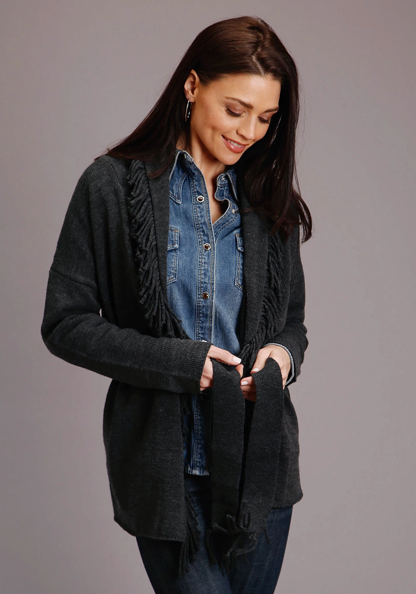 Chilly Day Essentials Stetson Womens Charcoal Grey Fringed Shawl Cardigan