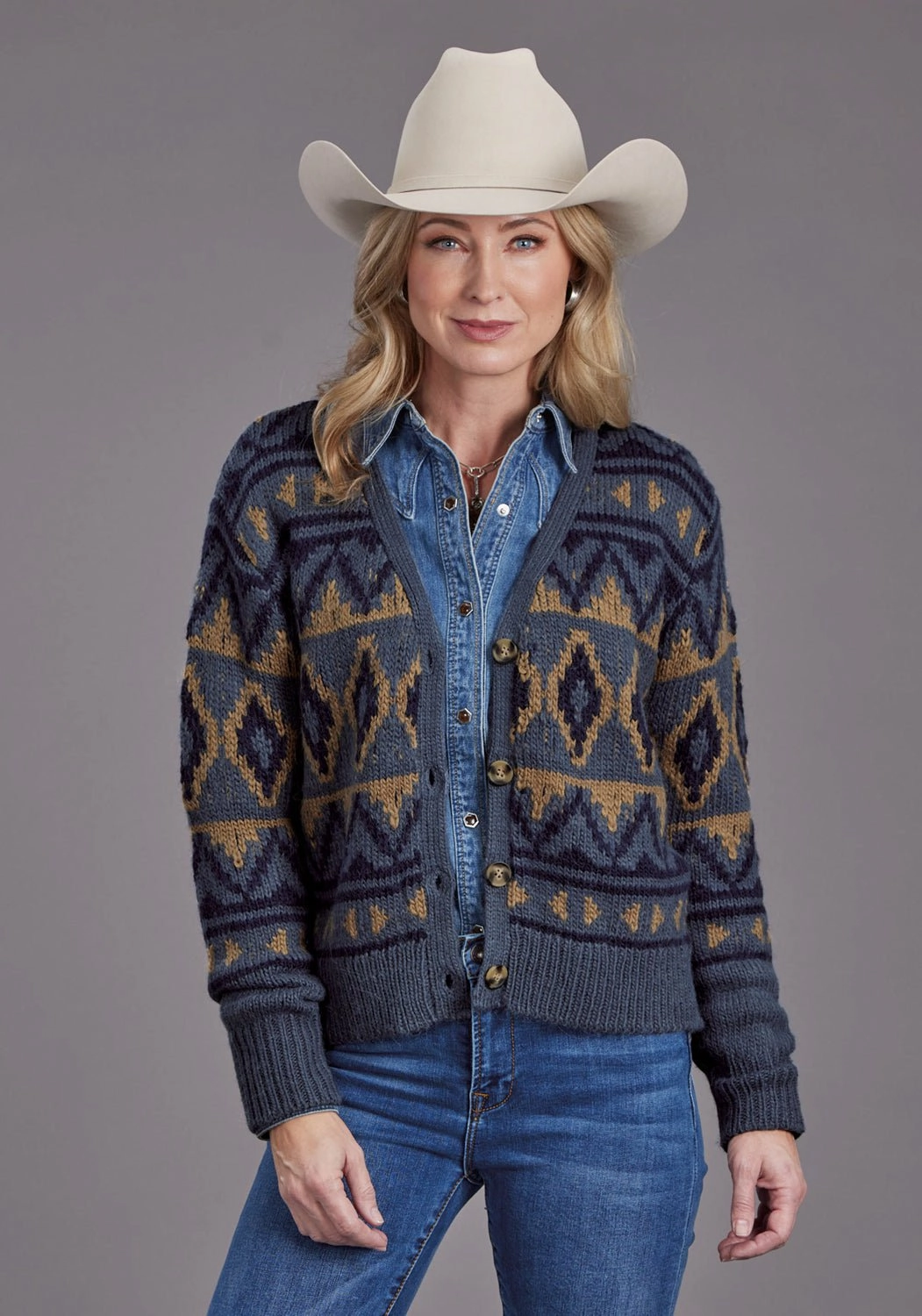 Effortless Layering Winter Ready Look Stetson Womens Cropped Indigo Acrylic Blend Cardigan Sweater