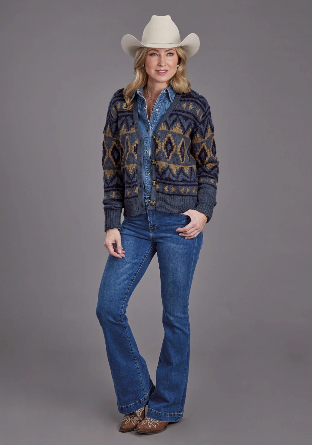 Warm design Vintage Wash Finish Stetson Womens Cropped Indigo Acrylic Blend Cardigan Sweater