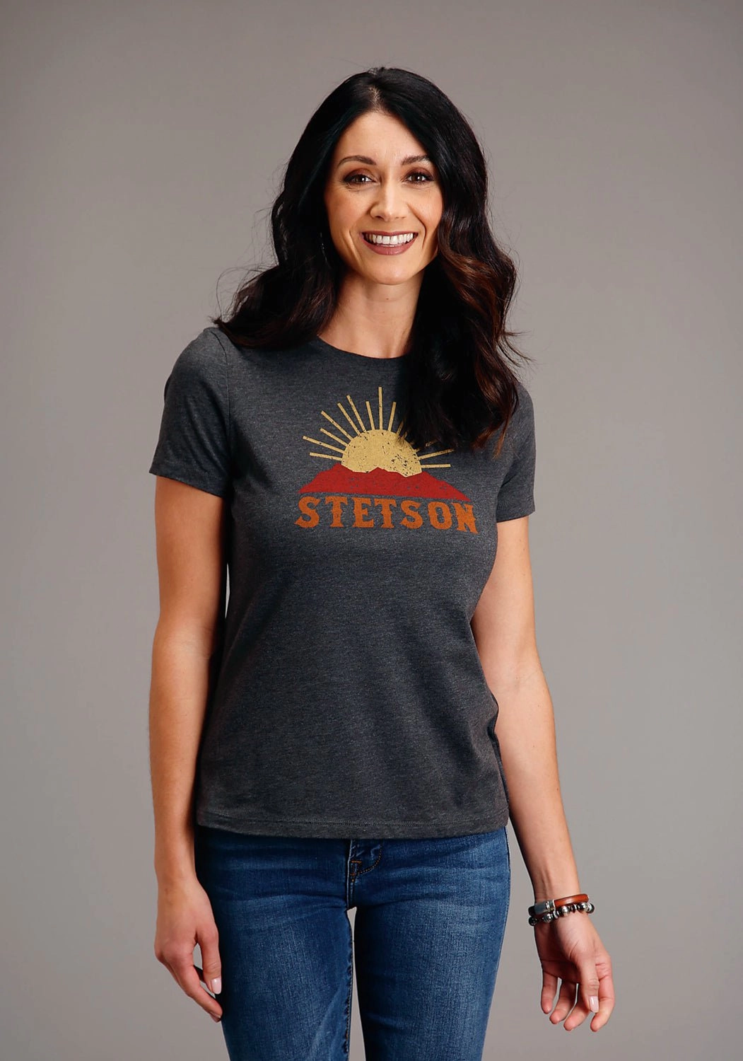 Stetson Womens Dark Grey Cotton Blend Sunset and Mountain S/S T-Shirt Timeless Piece