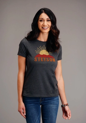 Indoor Comfort Smooth zipper closure Stetson Womens Dark Grey Cotton Blend Sunset and Mountain S/S T-Shirt