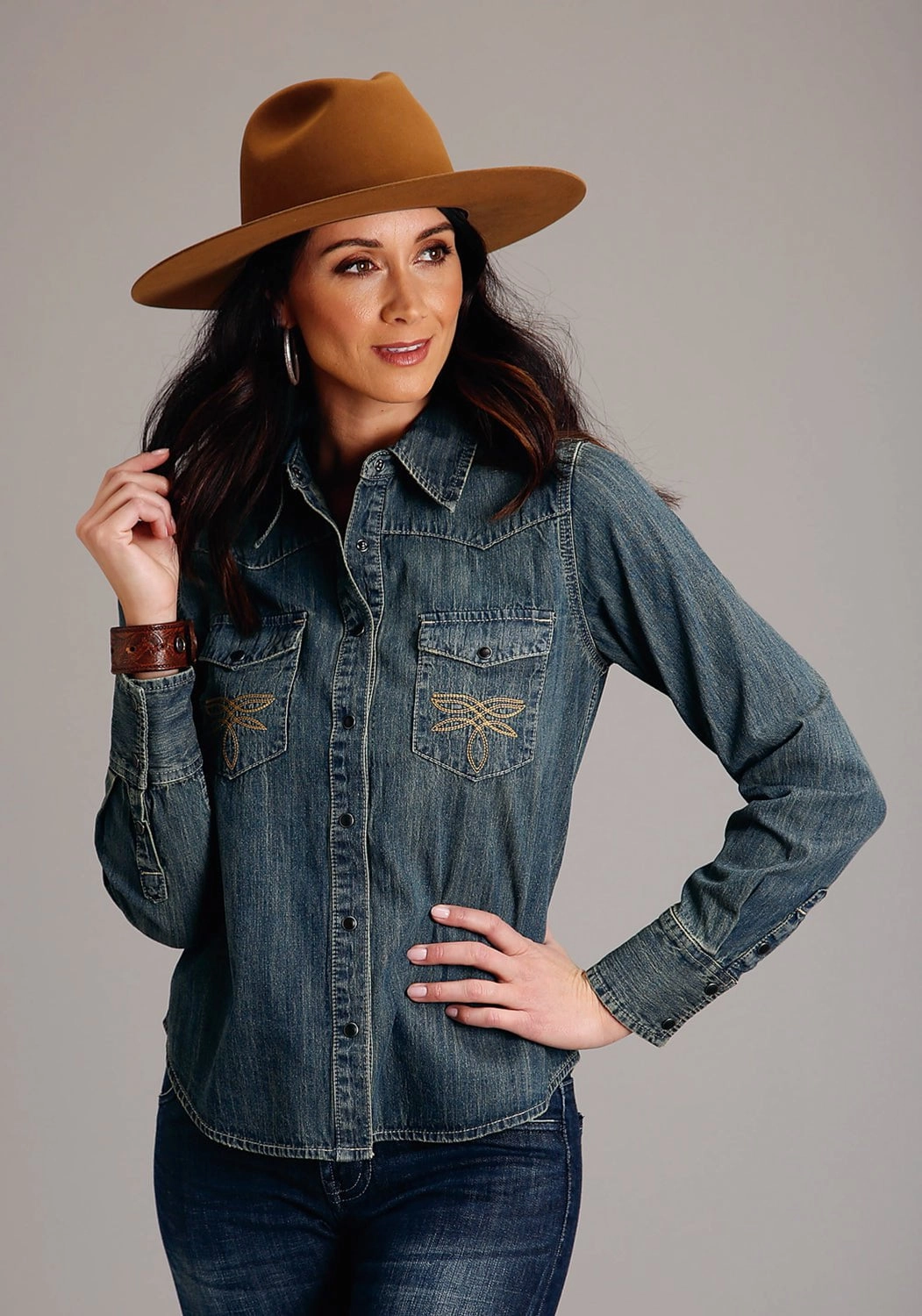 Spring Trend Snag Free Surface Stetson Womens Dirty Boyfriend Fit Blue Denim 100% Cotton L/S Shirt