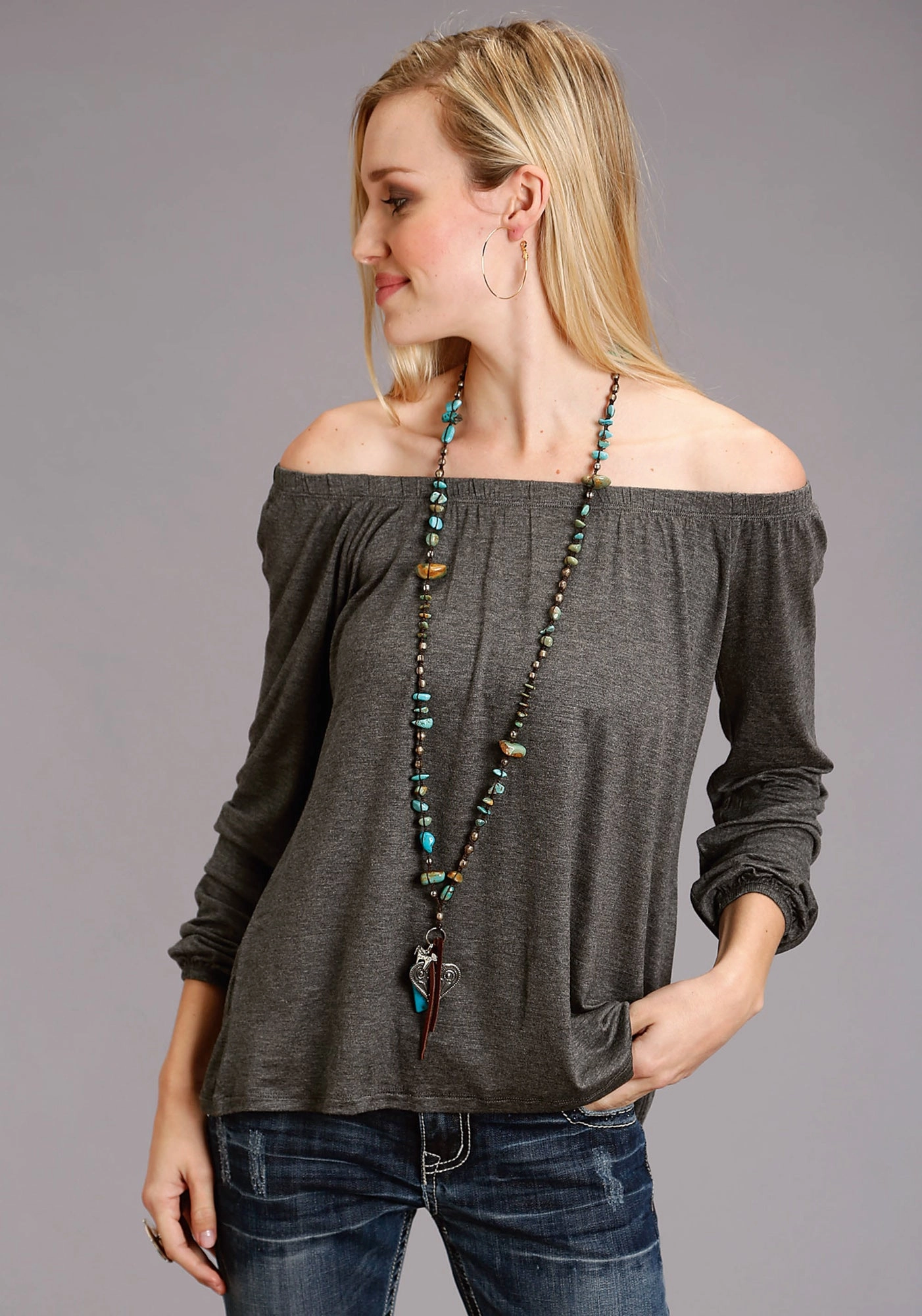 Stetson Womens Elastic Top Grey Rayon/Spandex L/S Tunic Spring Collection