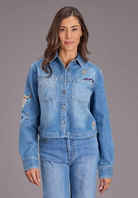Date night Business casual Stetson Womens Embroidered Crop Denim Medium Blue Cotton Blend L/S Blouse