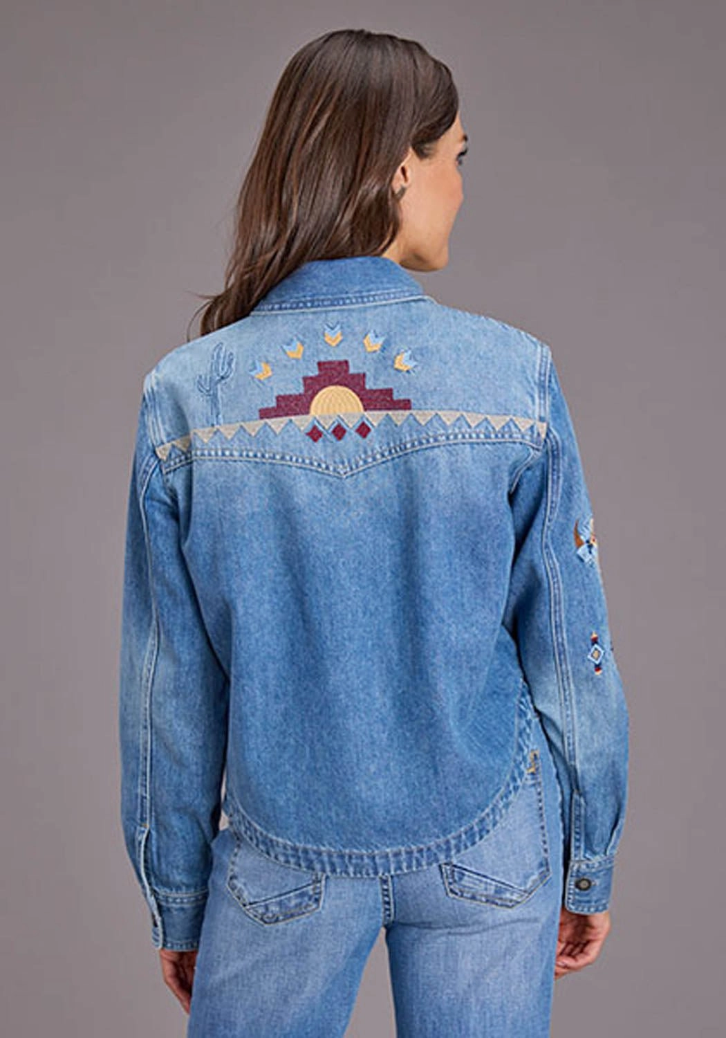 Stetson Womens Embroidered Crop Denim Medium Blue Cotton Blend L/S Blouse Contemporary Look