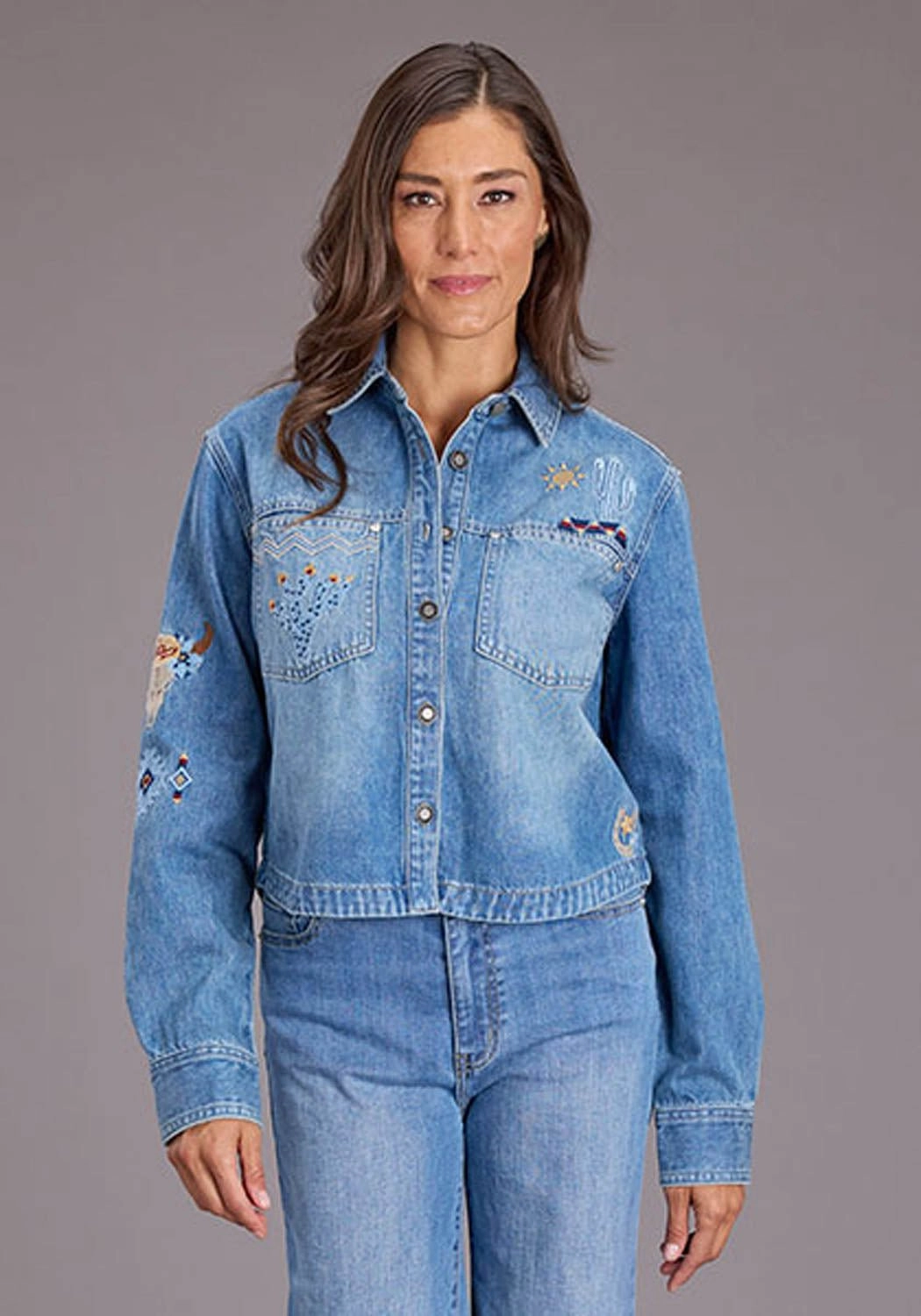 Stetson Womens Embroidered Crop Denim Medium Blue Cotton Blend L/S Blouse vacation wear Designer Look