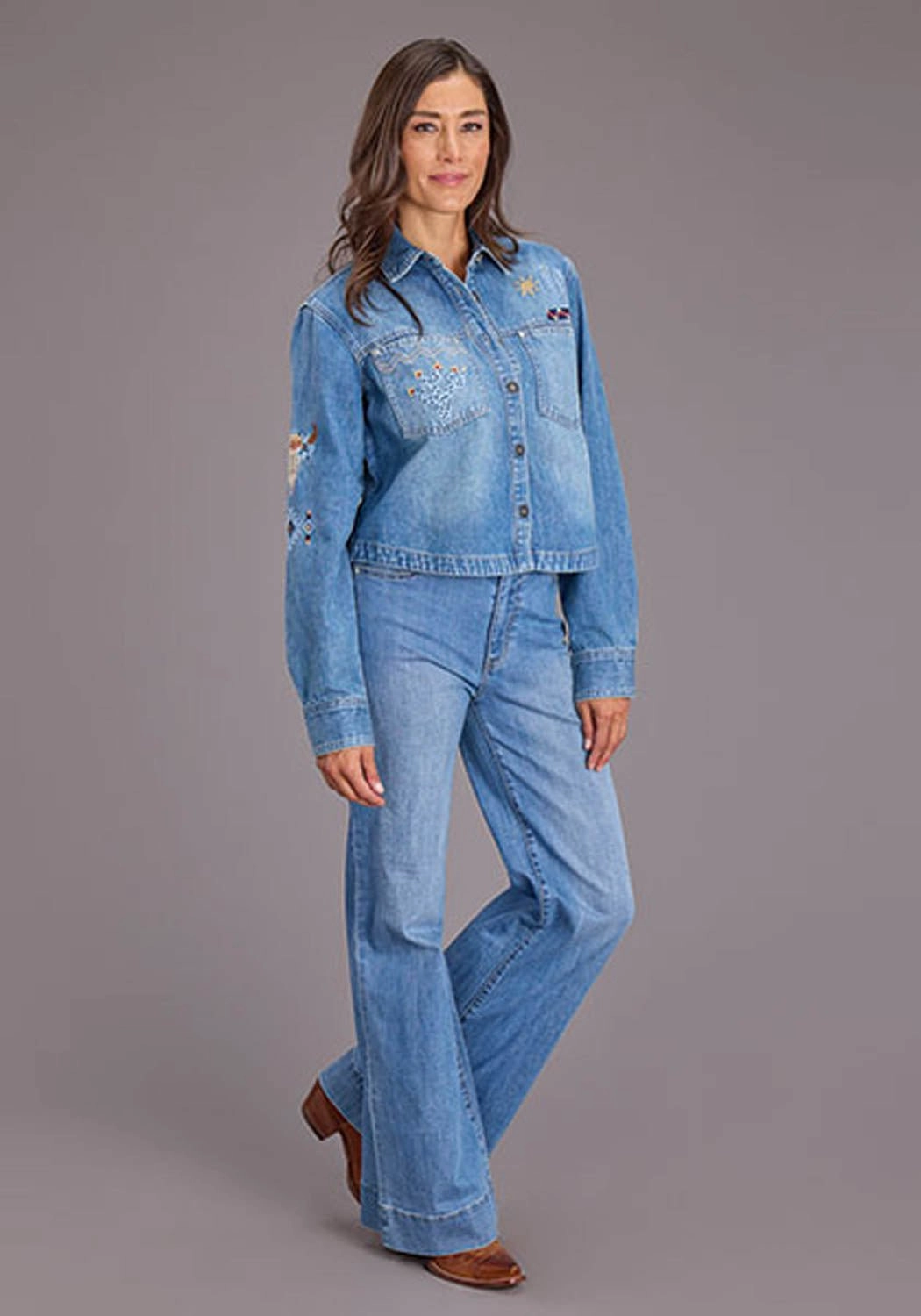 Special Occasion Stetson Womens Embroidered Crop Denim Medium Blue Cotton Blend L/S Blouse