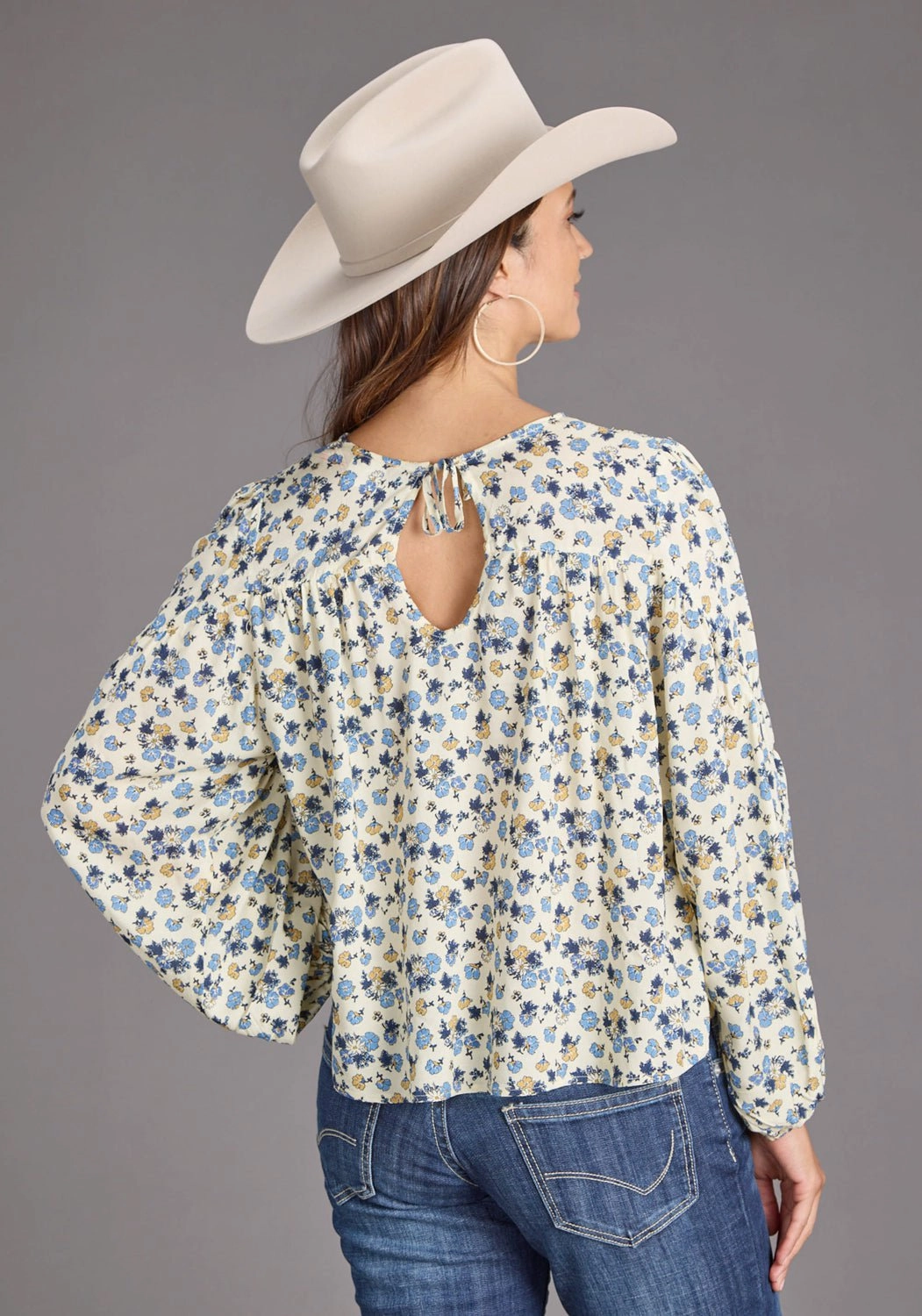 Raw edge Stetson Womens Field Flower Peasant Blue 100% Rayon L/S Blouse
