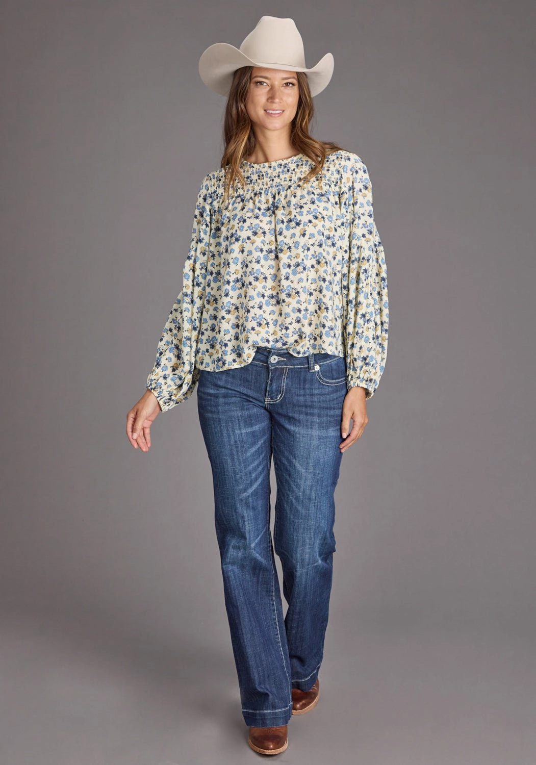 Flexible Shoulder Panels slim fit Stetson Womens Field Flower Peasant Blue 100% Rayon L/S Blouse