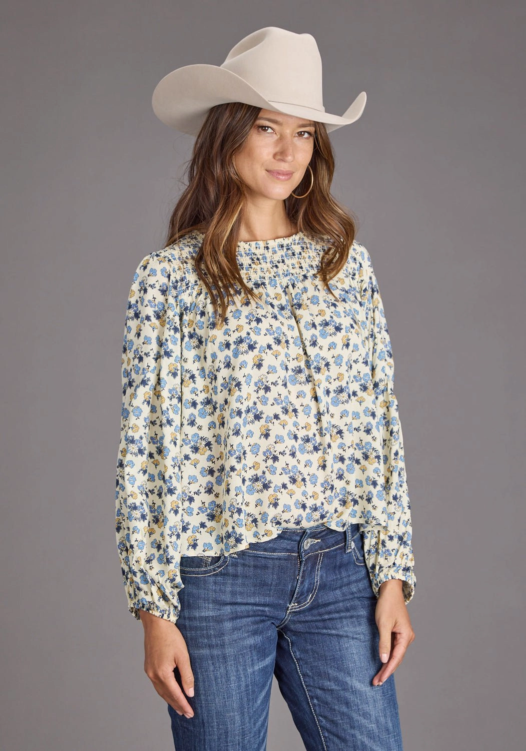 Flexible Shoulder Panels Stetson Womens Field Flower Peasant Blue 100% Rayon L/S Blouse