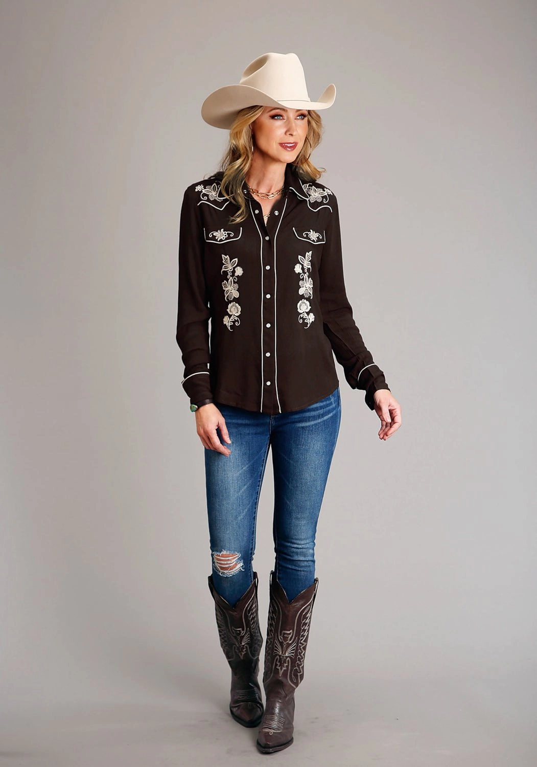 Active Wear Stetson Womens Floral Crepe Brown 100% Rayon L/S Shirt