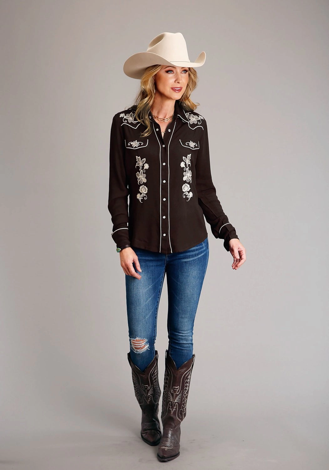 Stetson Womens Floral Crepe Brown 100% Rayon L/S Shirt Adjustable Cuff Closure slim cut