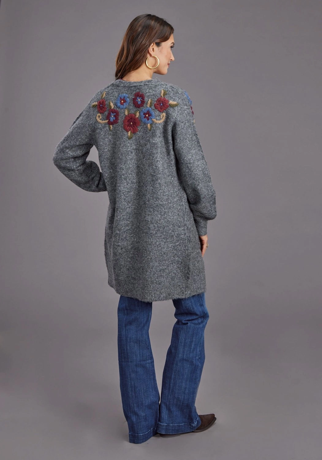 Stetson Womens Floral Embroidered Grey Acrylic Blend Cardigan Sweater Winter-Ready Fashion Eco Certified Fabrications