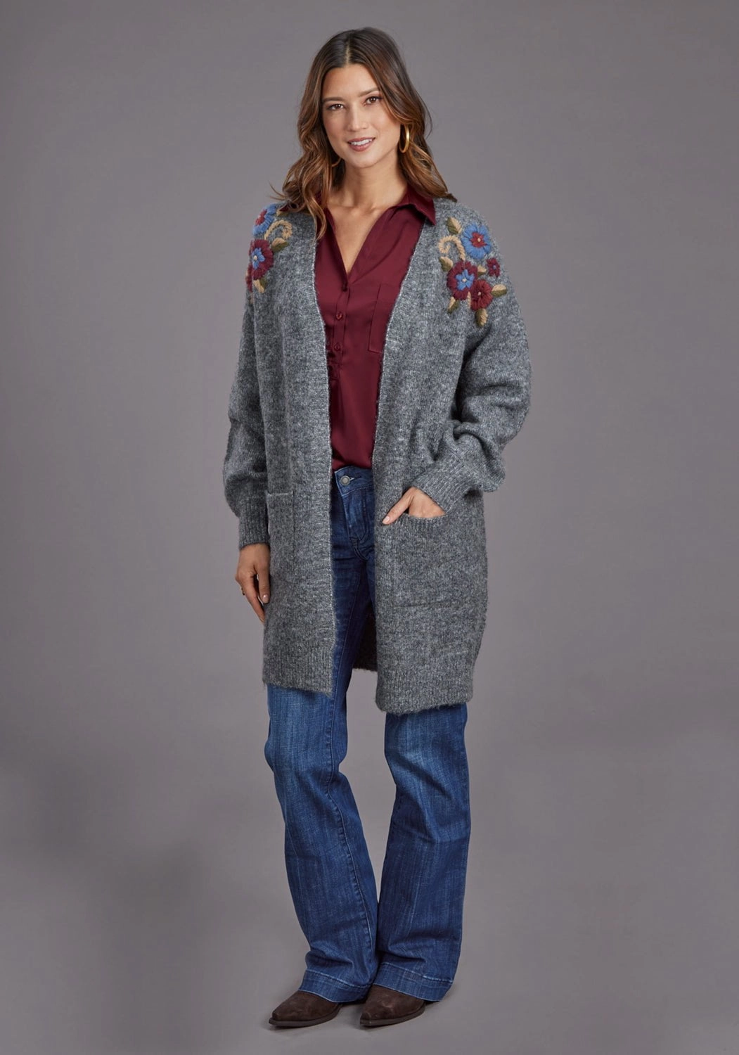 Stetson Womens Floral Embroidered Grey Acrylic Blend Cardigan Sweater Cozy Wardrobe Casual Style