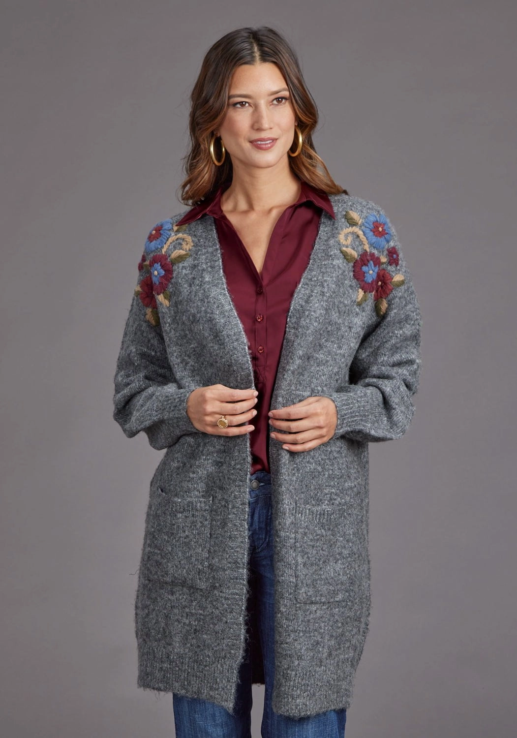 Sophisticated Look Eco Dye Process Stetson Womens Floral Embroidered Grey Acrylic Blend Cardigan Sweater