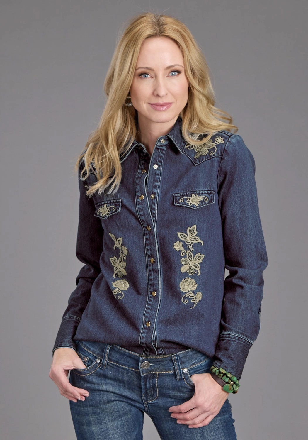 Stetson Womens Floral Embroidery Dark Denim Tencel/Rayon L/S Shirt Smooth Finish Trend-Driven