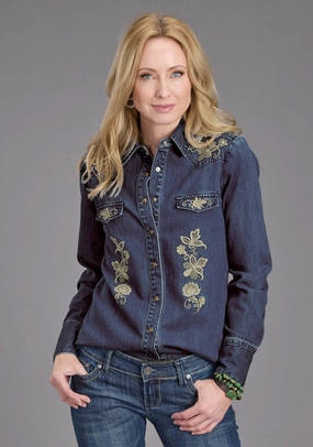 Stetson Womens Floral Embroidery Dark Denim Tencel/Rayon L/S Shirt Smooth Finish Trend-Driven