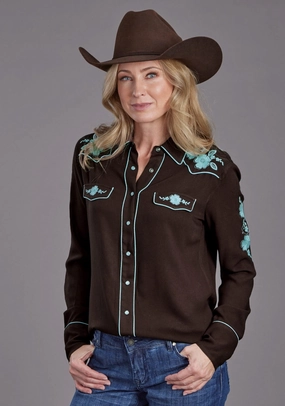 Customizable Option Casual Elegance Stetson Womens Floral Retro Western Brown 100% Rayon L/S Shirt