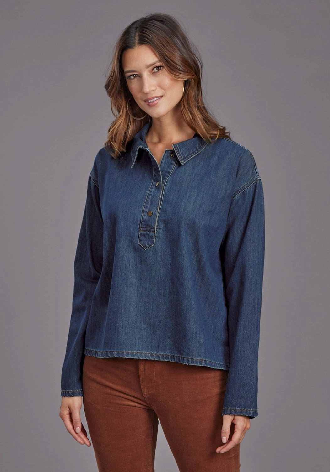 Functional Pocket Stetson Womens Fold Down Collar Dark Blue 100% Cotton L/S Tunic