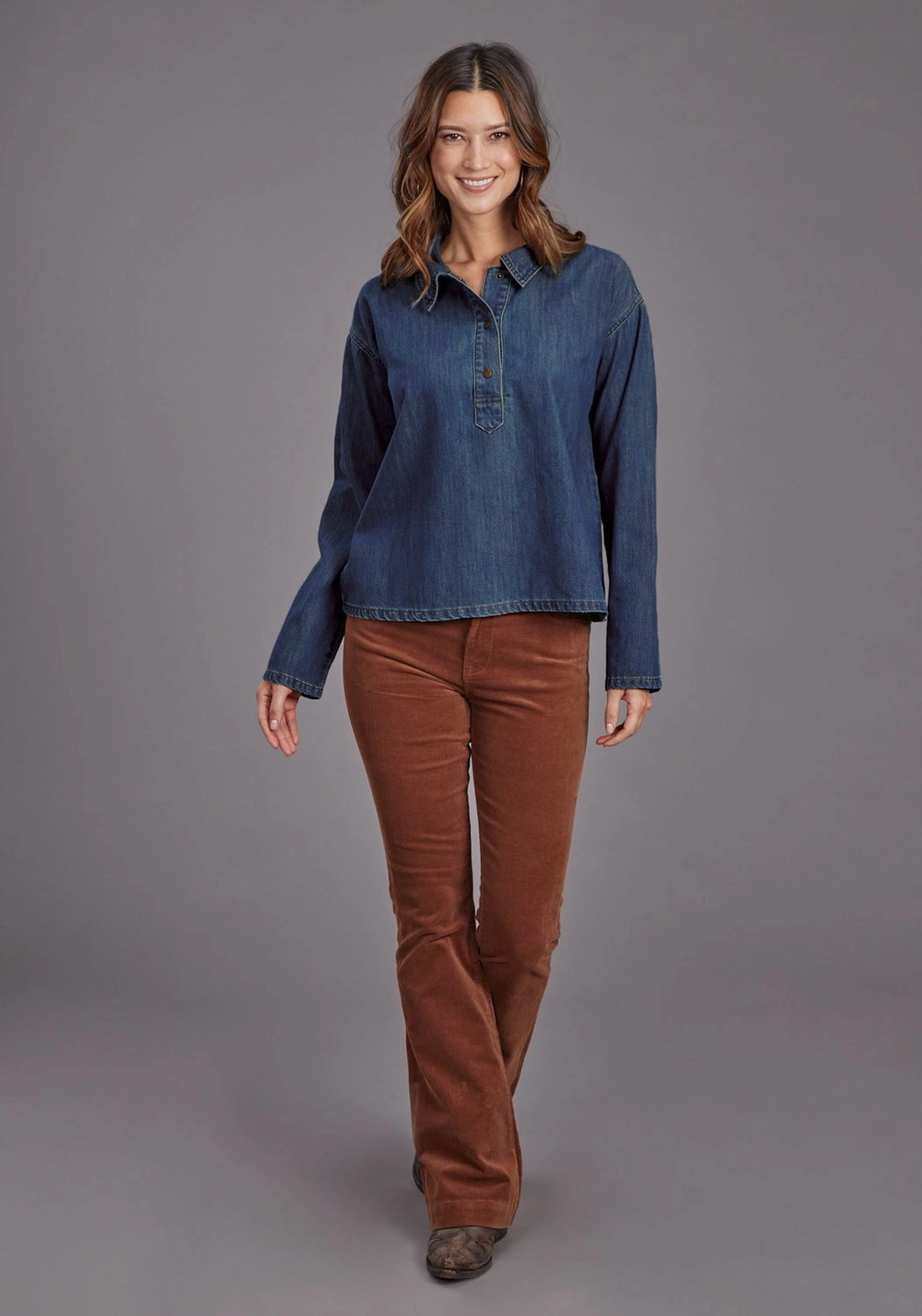 Stetson Womens Fold Down Collar Dark Blue 100% Cotton L/S Tunic Summer Outfit