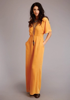 Morning Stroll Music Event Office Wear Softened Fabric Stetson Womens Gold Polyester Crepe V-Neck S/S Jumper