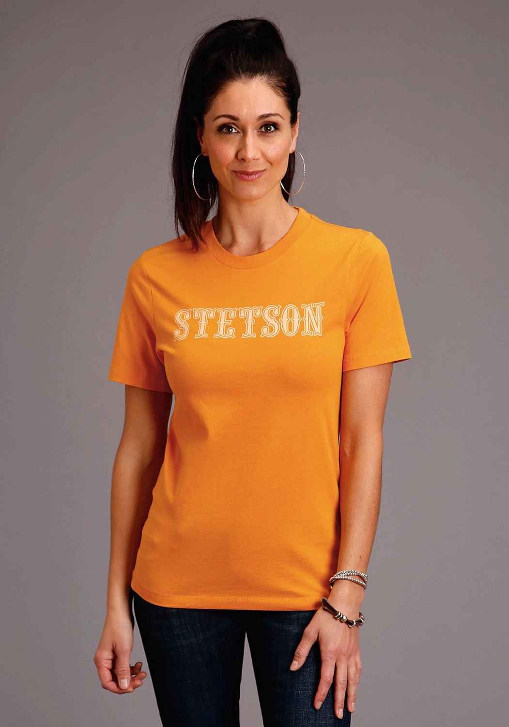 Stetson Womens Gold Yellow 100% Cotton Lettering S/S T-Shirt Outdoor Adventure Flexible Shoulder Panels
