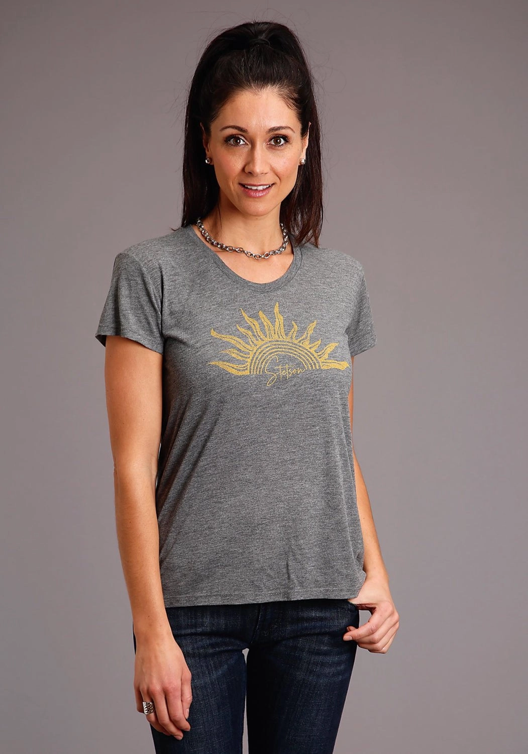 Stetson Womens Grey Poly/Rayon Gold Sun S/S T-Shirt Dinner Date Double Stitched Hems