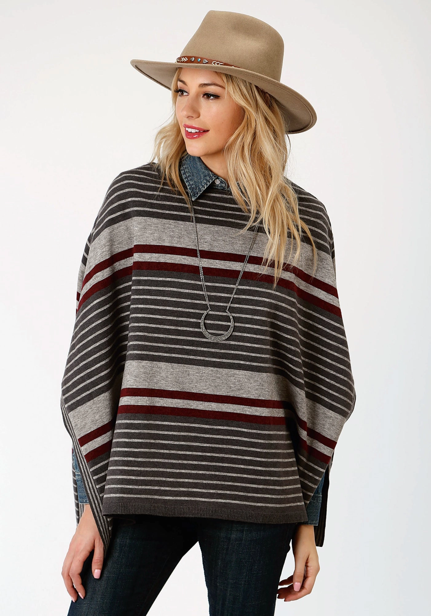 Hygroscopic Fiber Blend Stetson Womens Grey/Red Ombre Stripe Poncho