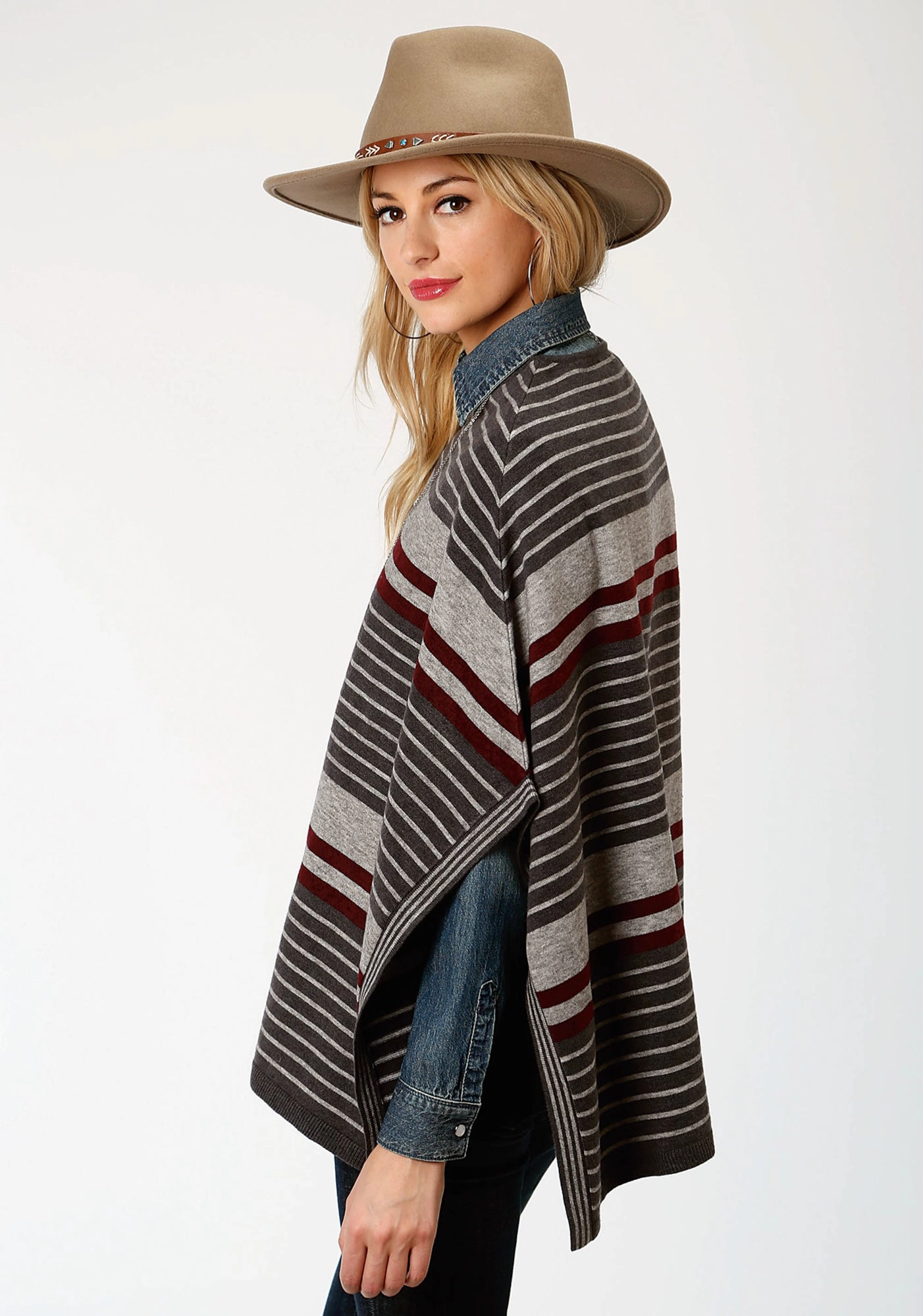 Sophisticated Comfort Stetson Womens Grey/Red Ombre Stripe Poncho
