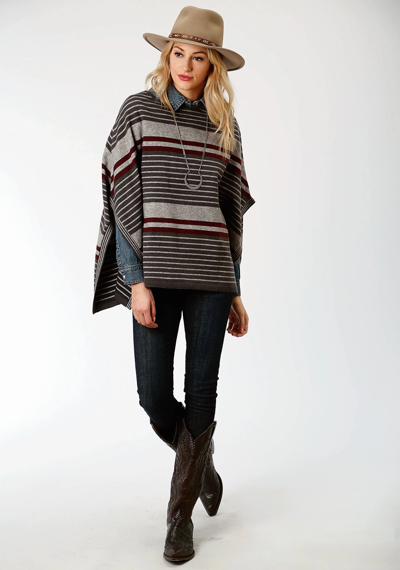Cozy Essential Winter Essential Stetson Womens Grey/Red Ombre Stripe Poncho