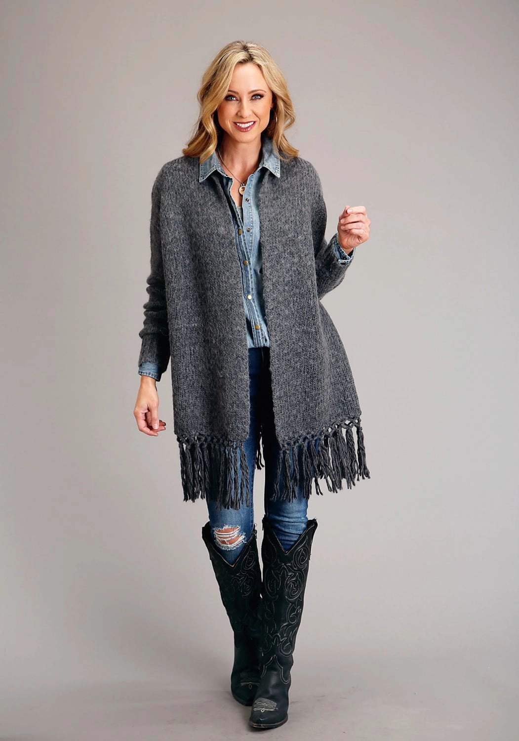Stetson Womens Heather Fringe Grey Wool Blend Cardigan Sweater Fade Resistant Textiles Soft Layers