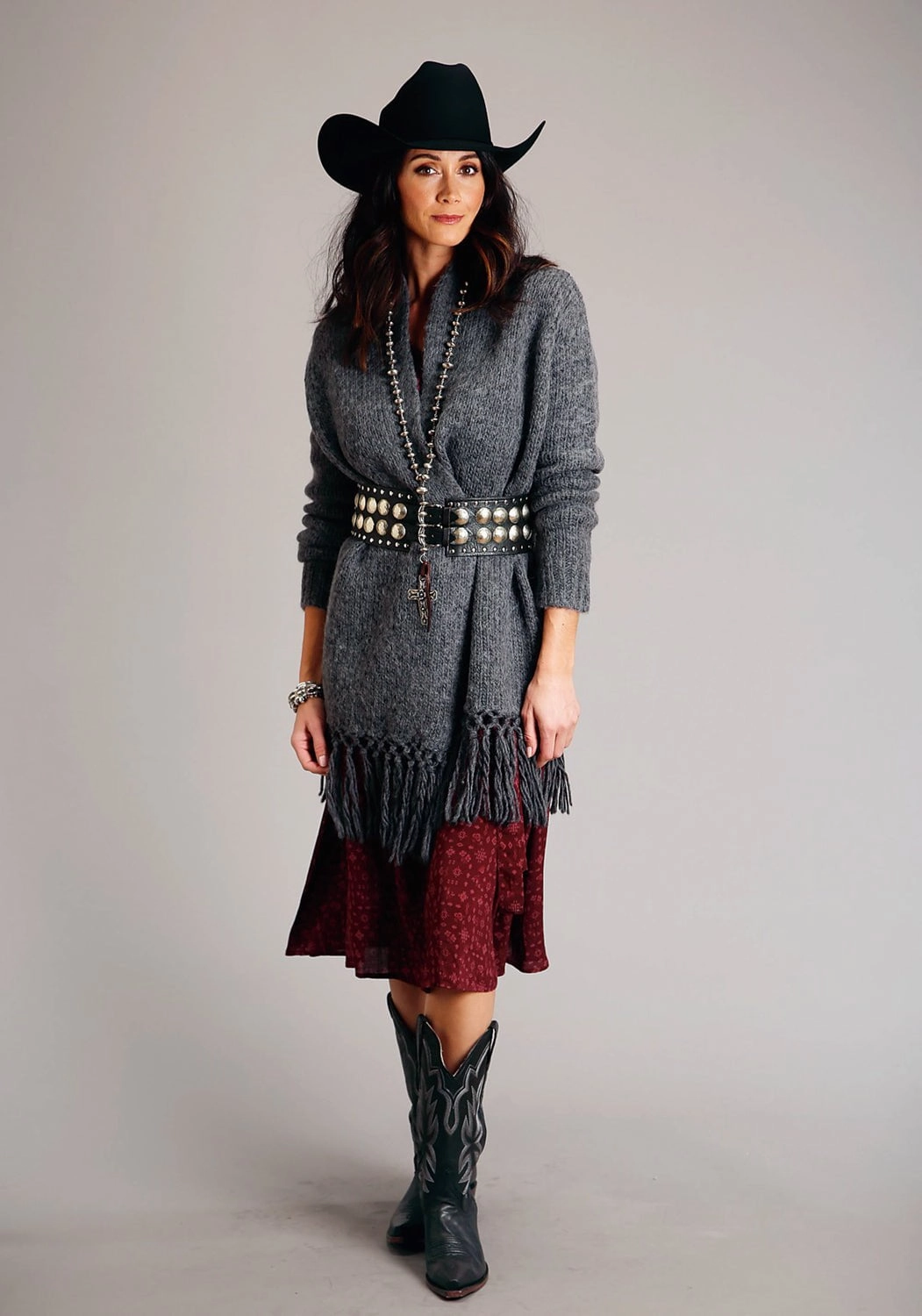 Stetson Womens Heather Fringe Grey Wool Blend Cardigan Sweater Winter Knit Layer Perfect for Layering