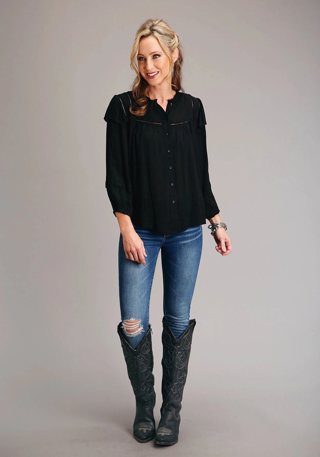 Stetson Womens Herringbone Black 100% Rayon L/S Shirt Non-irritating Holiday Gift