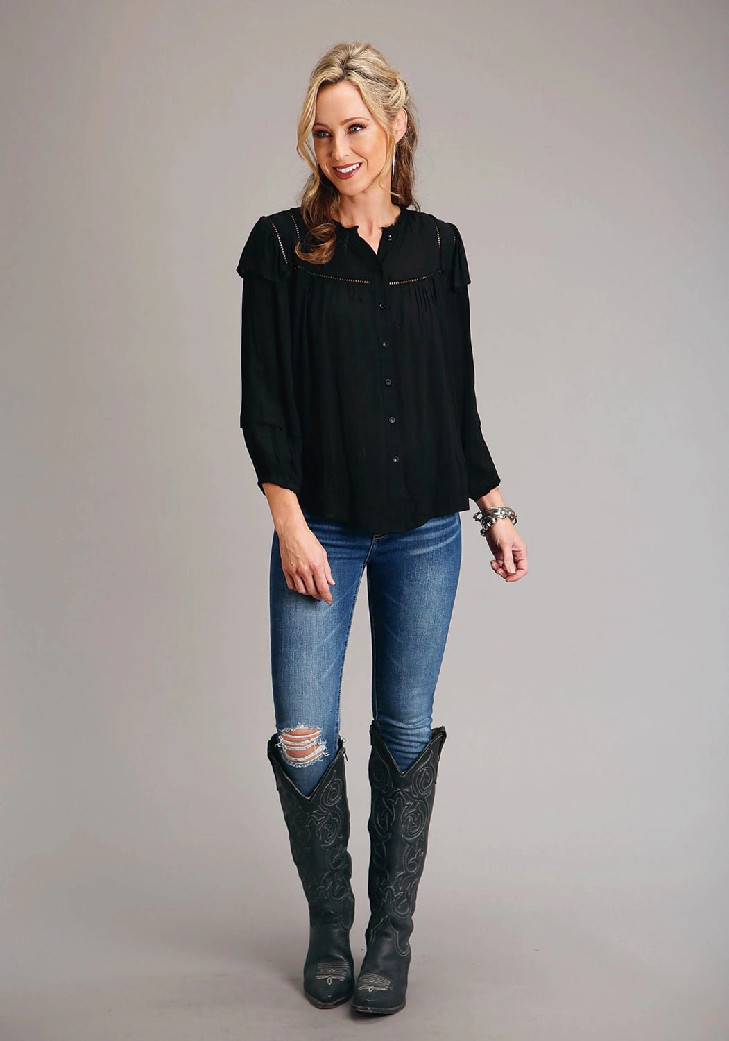 Elegant Finish Lightweight Layers Stetson Womens Herringbone Black 100% Rayon L/S Shirt