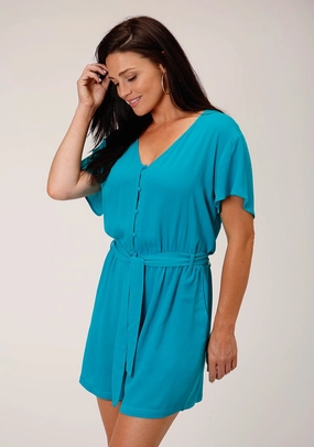 Daily Basic Slim Silhouette Stetson Womens Loose Sleeve Blue Rayon Blend Romper