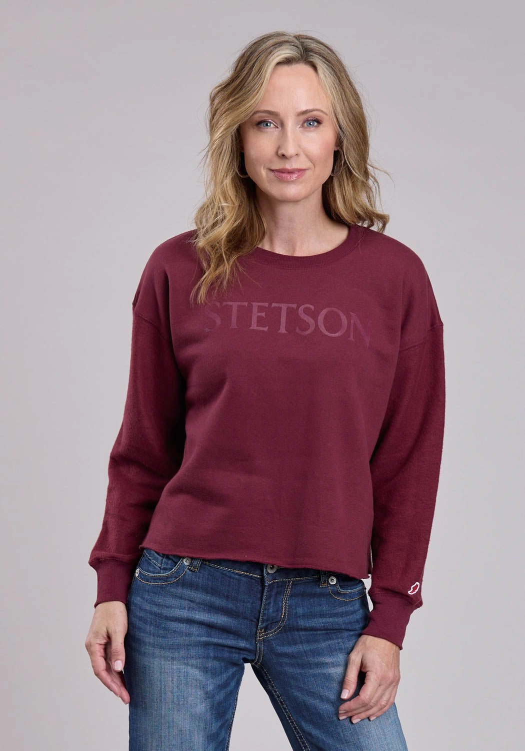 Stetson Womens Mid Length Crew Maroon Cotton Blend Sweatshirt Winter Fashion Must-Have