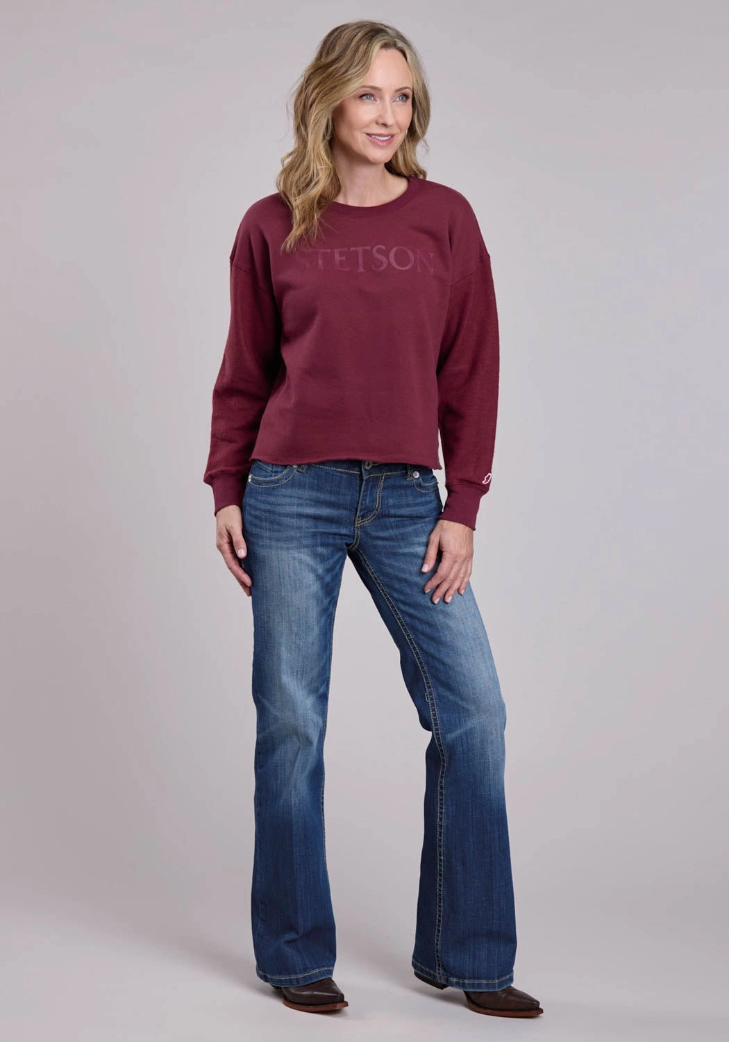 Stetson Womens Mid Length Crew Maroon Cotton Blend Sweatshirt Snuggle Fit