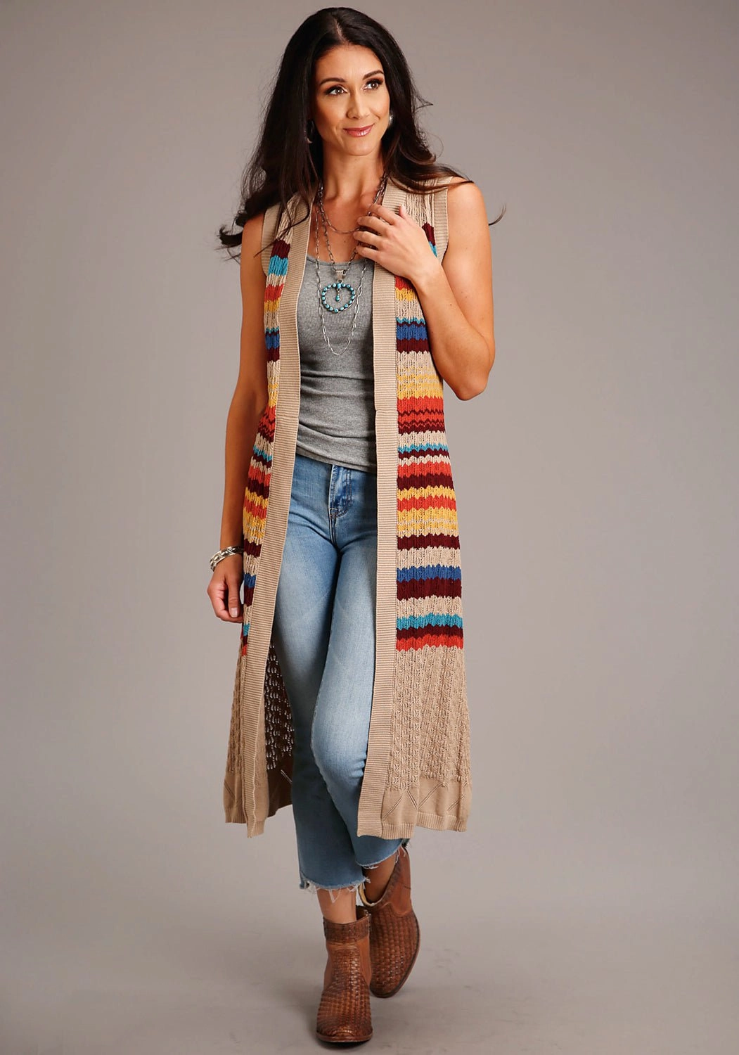 Cozy Fitting Stetson Womens Multi-Color 100% Cotton Open Weave Striped Cardigan