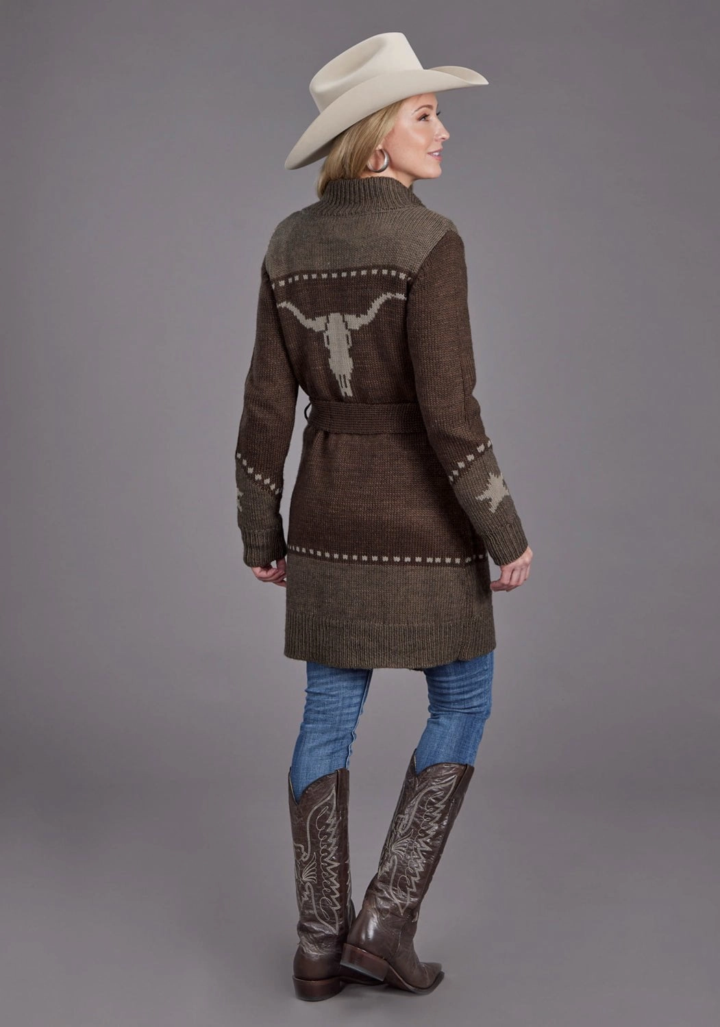 Stetson Womens Retro Belted Steer Head Brown Wool Blend Cardigan Sweater Classic Design