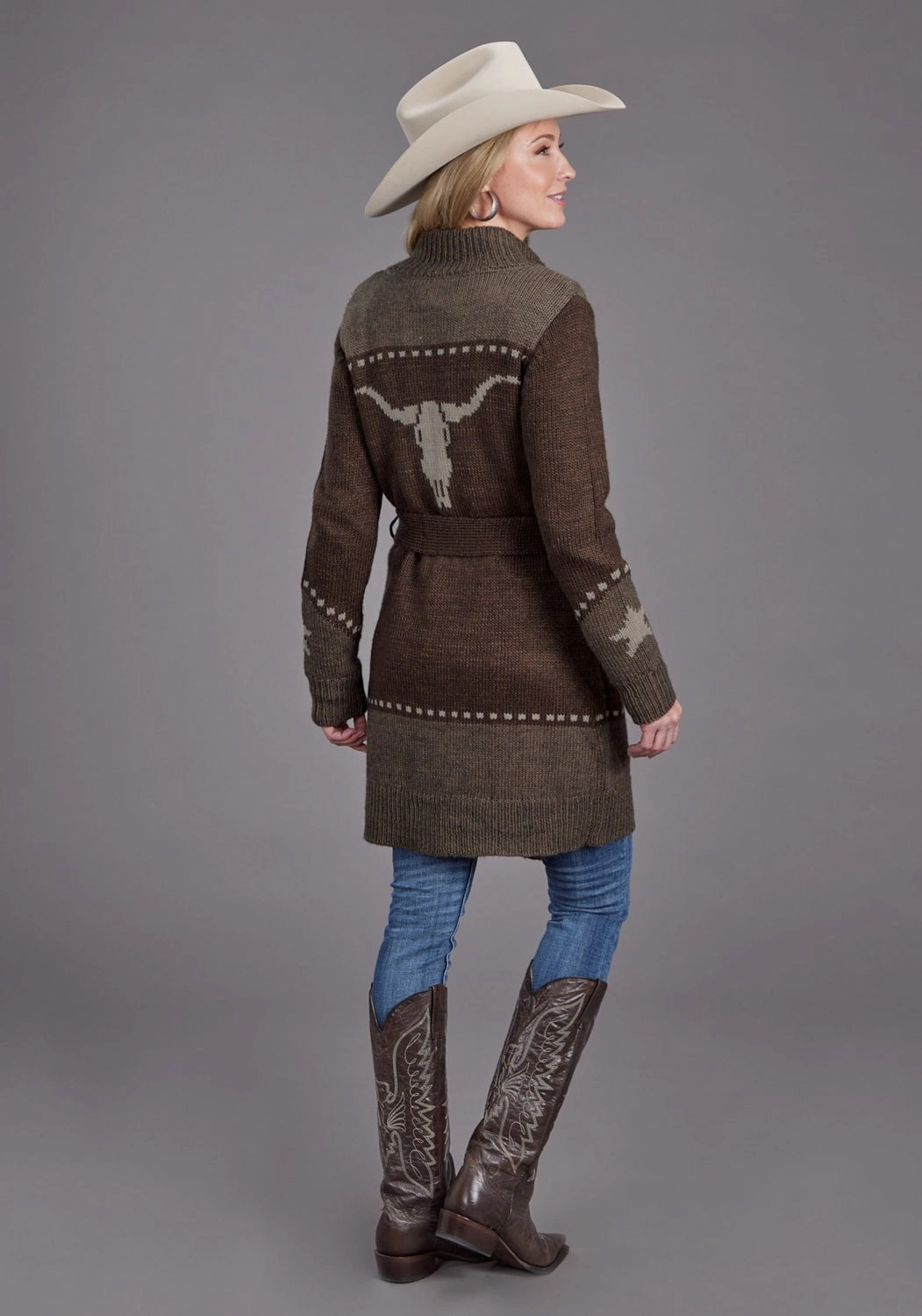 Stetson Womens Retro Belted Steer Head Brown Wool Blend Cardigan Sweater Knit Layers