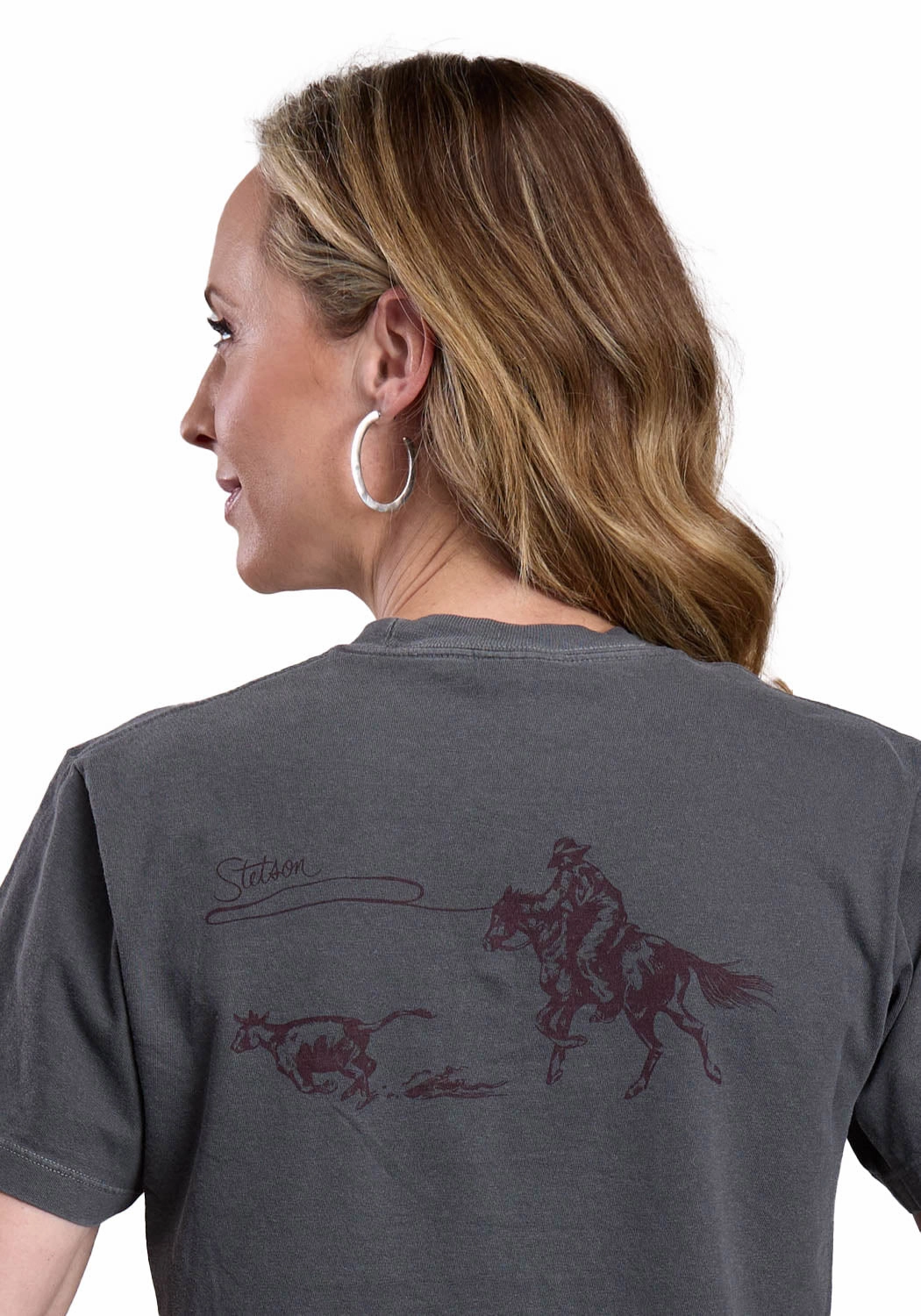 Stetson Womens Roping A Calf Grey 100% Cotton S/S T-Shirt Sustainable Manufacturing Process