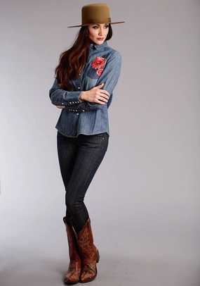 Stetson Womens Rose Boyfriend Fit Blue 100% Cotton L/S Shirt Subtle Details Modern Look