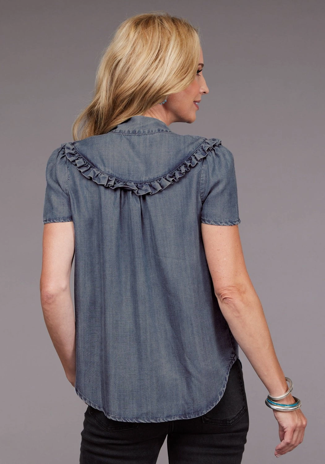 On-The-Go Style Checkered Look Stetson Womens Ruffled Yokes Blue Lyocell S/S Blouse