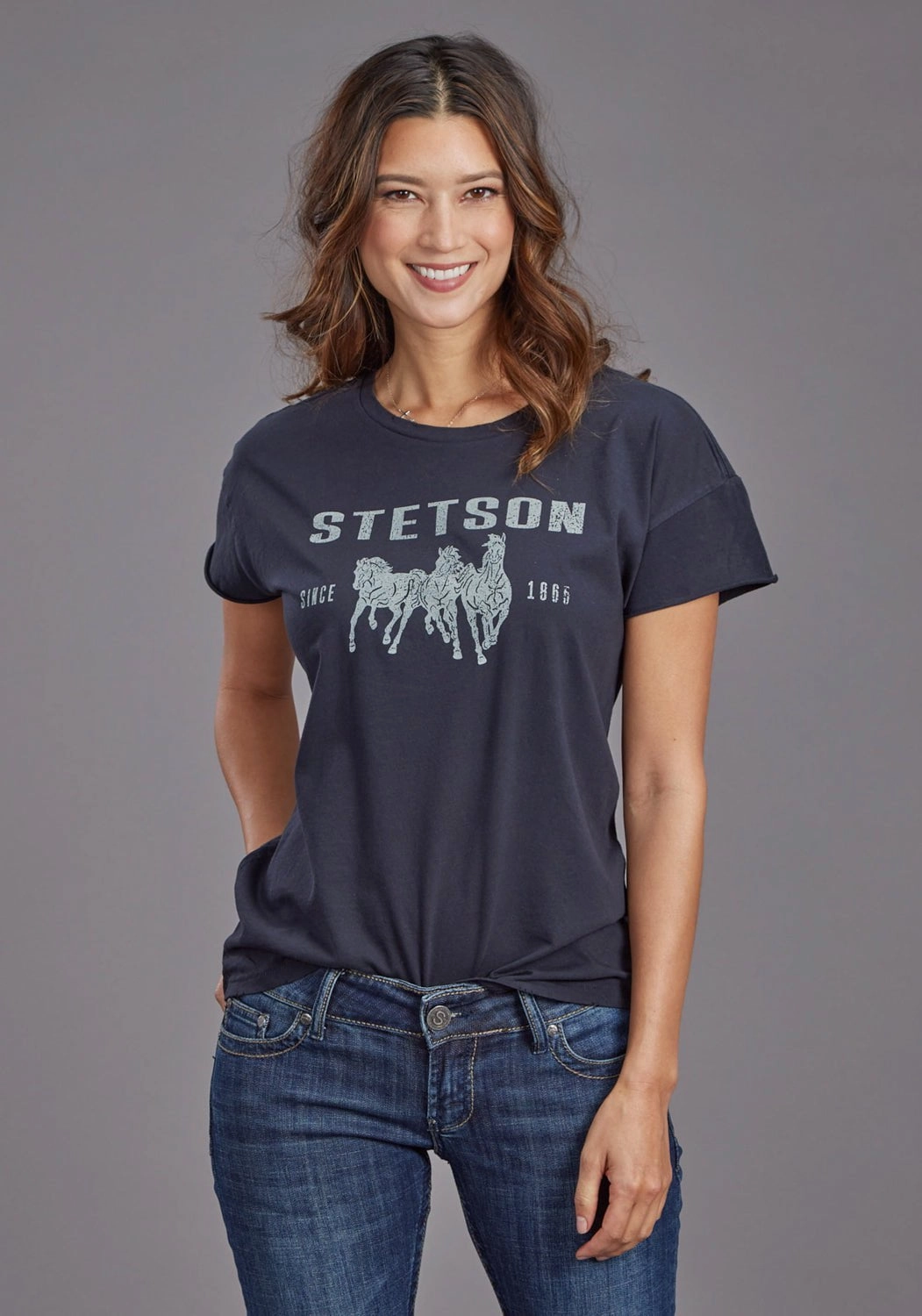 Stetson Womens Running Horses Black 100% Cotton S/S T-Shirt Versatile Layering