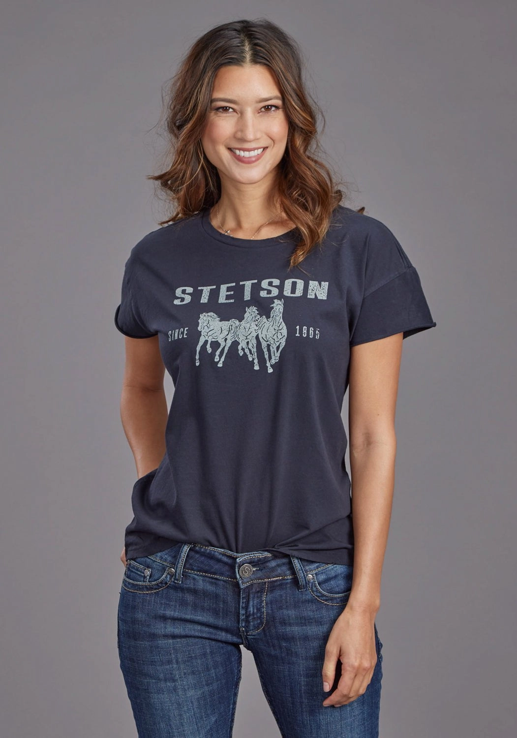 Relaxed Vibe Gender Neutral Stetson Womens Running Horses Black 100% Cotton S/S T-Shirt