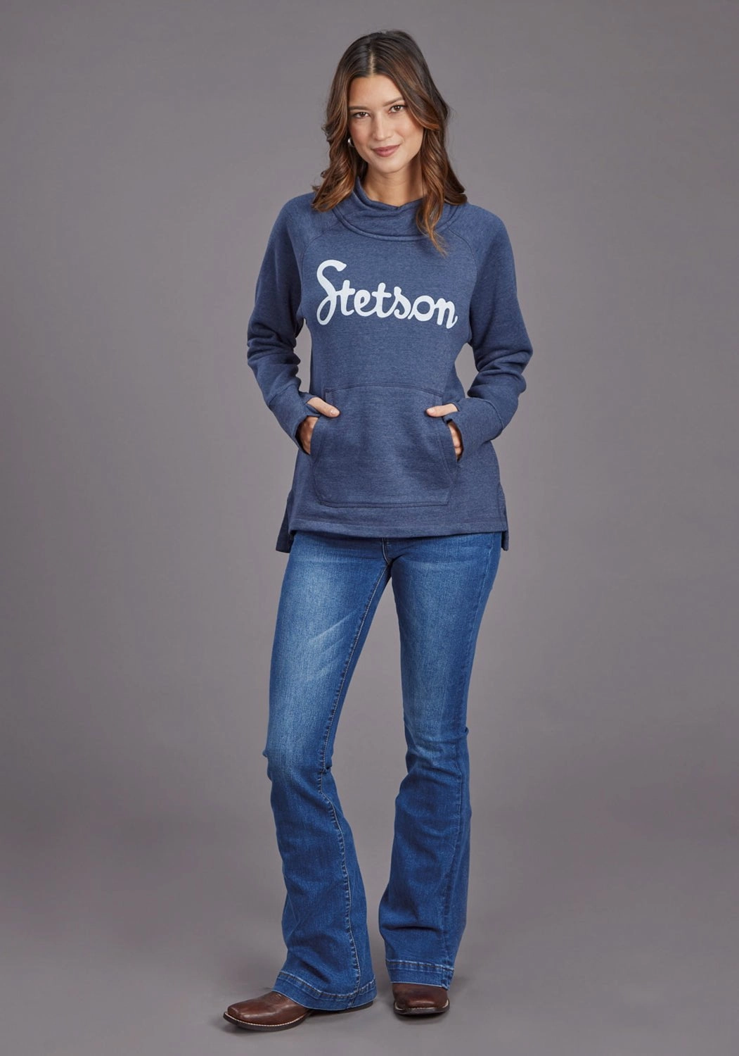Stetson Womens Script Logo Blue Cotton Blend Sweatshirt Snuggle Ready Stretch Knit